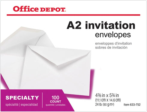 Office Depot Invitation Envelopes, Pack Of 100, White, 4 3/8in. x 5 3/4in., 12033