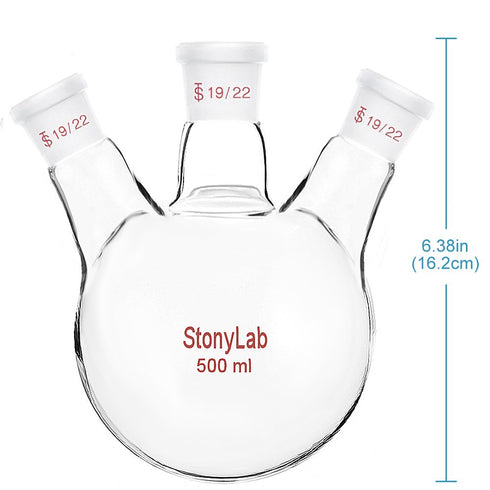 stonylab Glass 500 mL Heavy Wall 3 Neck Round Bottom Flask RBF, 19/22 Center and Side Standard Taper Joint