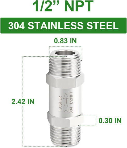 TAISHER 1PCS 304 Stainless Steel 1/2" NPT Male Check Valve,Backflow Prevention,One Way Non-Return Check Valves