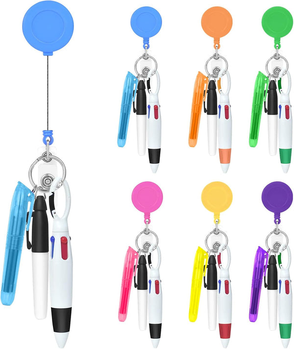 Nurse Pen Set, 6 Pieces Tip Highlighter, 6 Permanent Marker Pen, 6 Retractable Ball Pen Pack with ID Name Reels