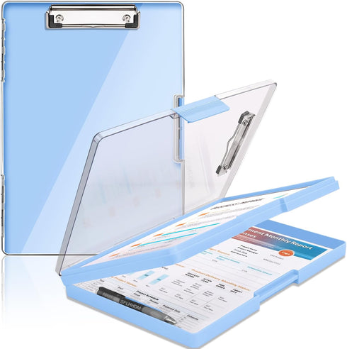 Clipboard with Storage, Heavy Duty Clip Boards 8.5x11 with 2 Storage Cases, Clear Top Panel for Office Supplies (Aqua