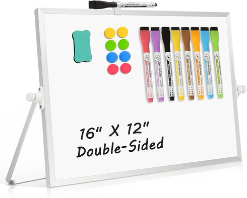 Dry Erase Magnetic White Board, 16" x 12" - Double-Sided Desktop Whiteboard with Stand for Home & School