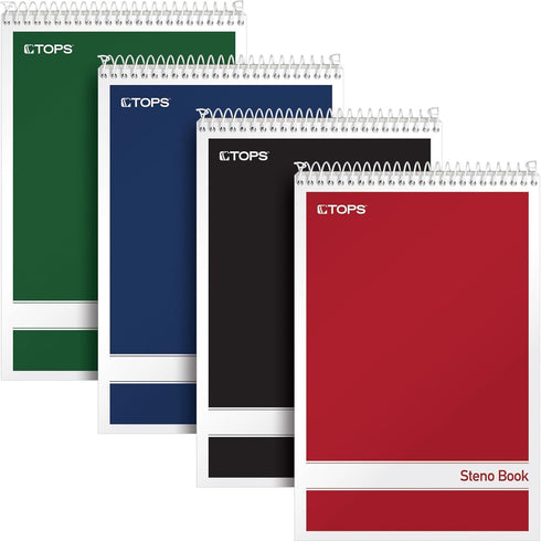 TOPS Spiral Steno Books, 6" x 9", Gregg Rule White Paper, 80 Sheets, 4 Books Per Pack