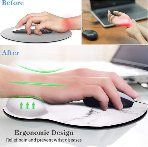 WAVEYU Ergonomic Mouse Pad with Wrist Support, Decorative Non-Slip Rubber Base Mouse Mat for Women, White Marble for