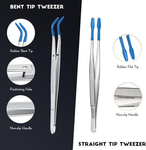 2 Pieces Tweezers with Rubber Tips Set PVC Rubber Coated Tips Bent and Straight Flat Tip Tweezers Stamp Coins Jewelry Hobby Crafts Industrial Electronic Tweezers Tools (Silver, Blue)