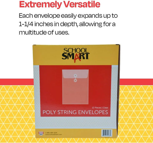 School Smart Top Loading Polypropylene String Envelopes, Letter Size, Pack of 12, Clear