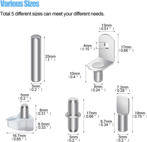 DYWISHKEY 5 100PCS Styles Shelf Pins Kit, Nickel Plated Shelf Bracket Pegs Cabinet Furniture Shelf Pins Support