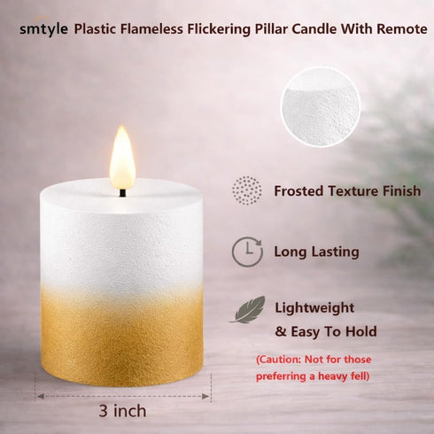 3"X3" Set 3 smtyle Vintage Plastic Flickering Flameless Pillar Candles Battery Operated White and Gold Fake Candles