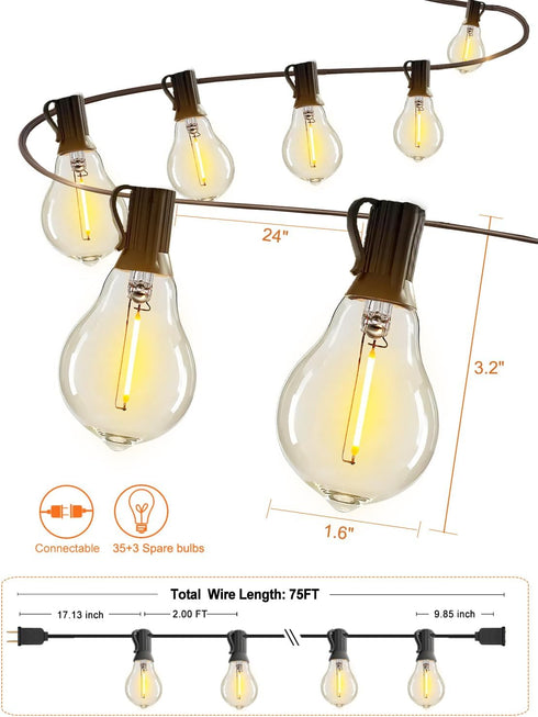 75FT 38 Dimmable A39 Bulbs, 2FT bulbs 2200K DAMAING Outdoor string lights Waterproof patio string lights