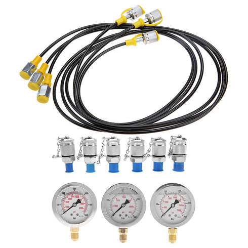 Hydraulic Pressure Test Kit with 6 Couplings, 3 Hoses and 3 Pressure Gauges 25/40/60Mpa for Excavator Machinery