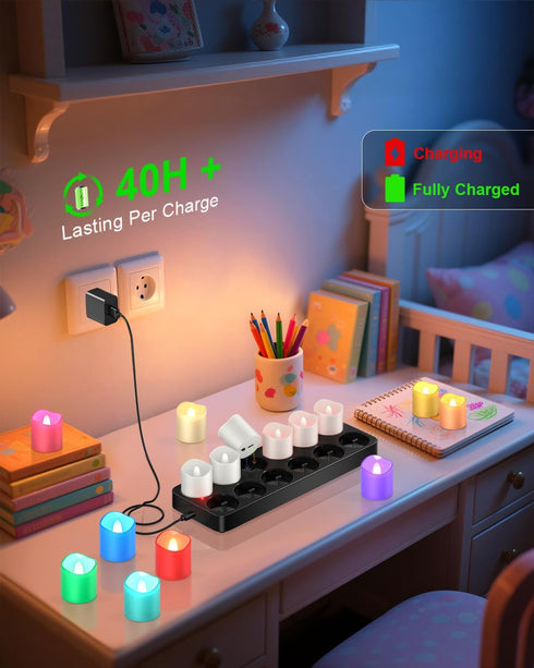 SoulBay 12pcs 1.57" Flameless Candles Color Changing Rechargeable, LED Flickering Tea Lights Votives Candle