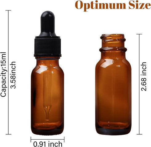 24 Pack 1/2 oz Amber Glass Bottles with Glass Eye Droppers for Essential Oils, Perfumes & Lab Chemicals (1 Brush, 2 Funnels, 2 Extra Droppers, 36 Pieces Labels & Measuring Cup Included) by HWASHIN
