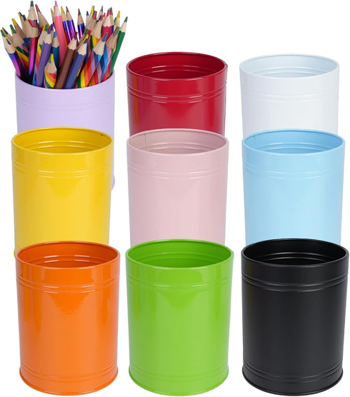 9 Pack Metal Pen Holders, Colorful Desktop Pencil Cups, Mini Pencil Bucket, Makeup Brush Storage Organizers, Crayon