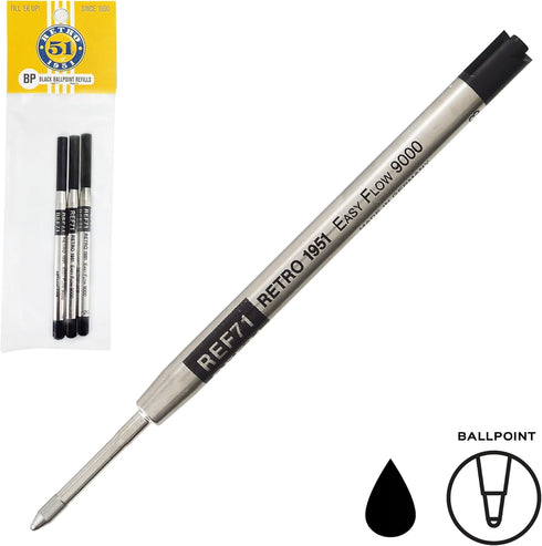 Retro 51 9000 Easy Flow Ballpoint Refills, Black Ink, 3-Pack – German Engineered for Tornado Pens, Smooth Writing