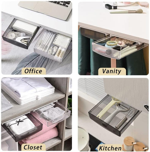 SOUJOY 3 Pack Under Desk Drawer, Self-Adhesive Slide Out Organizer Tray, Plastic Hidden Attachable Drawer for Home,