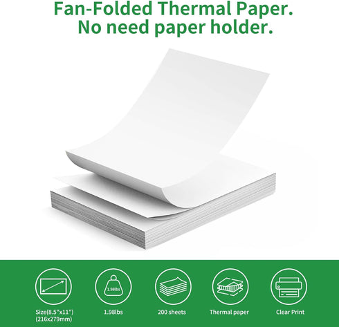 8.5 11 Inch PD-A4 200 Gloryang Thermal Printer Paper x US Letter Size, Quick-Dry Fan-Folded Thermal Paper, Advanced