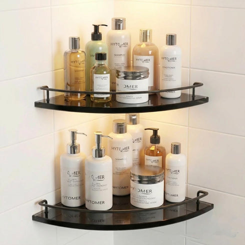 WAKLOND 8MM 304 (1Pack) Black Glass Corner Shower Shelves for Bathroom, Thick Tempered Glass Floating Shelves for Wall