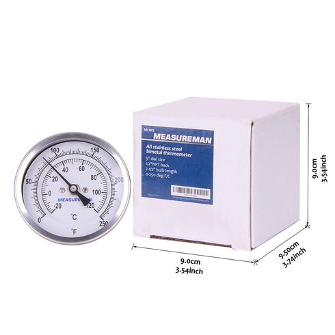 Measureman Fully Stainless Steel Pot, Kettle, Brewing Bimetal Thermometer, 3" Dial, 0-250 deg F, Adjustable