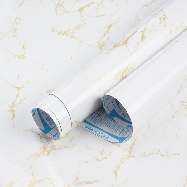 White Marble Contact Paper, 15.7"x78.7", Glossy Peel and Stick Wallpaper with Yellow Marble Grain for Decor