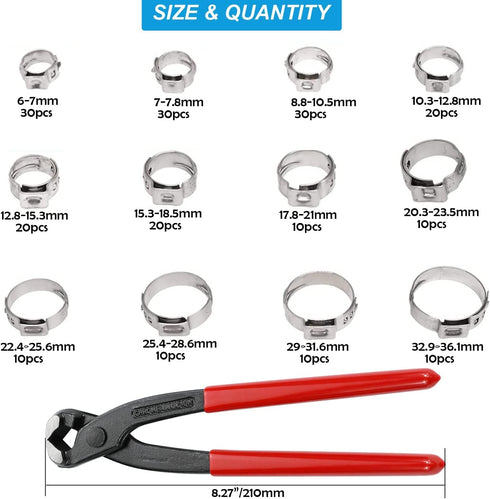 210pcs Single Ear Hose Clamp with Pincers Crimper Tool, 12 Size 6-36.1mm 304 Stainless Steel Assortment Kit