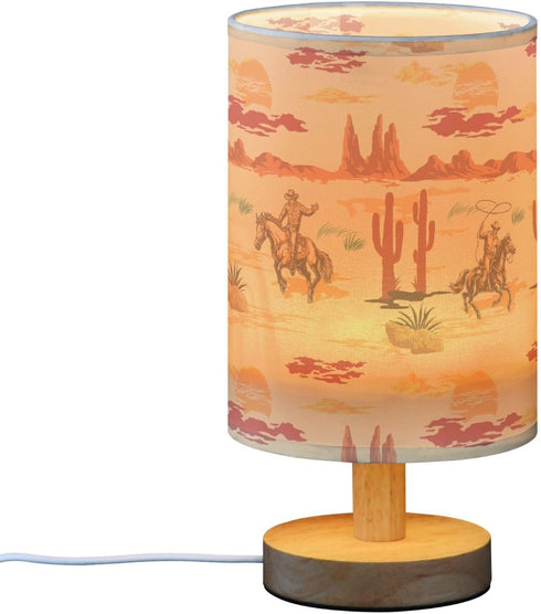 Bedside Lamp West Cowboy Horse Cactus Table Lamp for Bedroom LED Nightstand Lamp Shade USB Ports Wood Base for Living