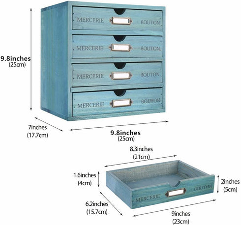 Wooden Storage Box with 4 Drawers, Vintage Office Supplies Organizer, Rustic Jewelry Box (BLUE)