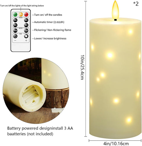 Pack 2 (4" 10" Sasigeiaa Waterproof Outdoor Candles with Timer & Remote - Battery Operated LED Candles, Realistic