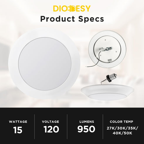 7-Inch 15W (75W 950 27K/30K/35K/40K/50K Dimmable E26 Diodesy- Round Flush Mount Disk Hardwire Light Fixture Retrofit