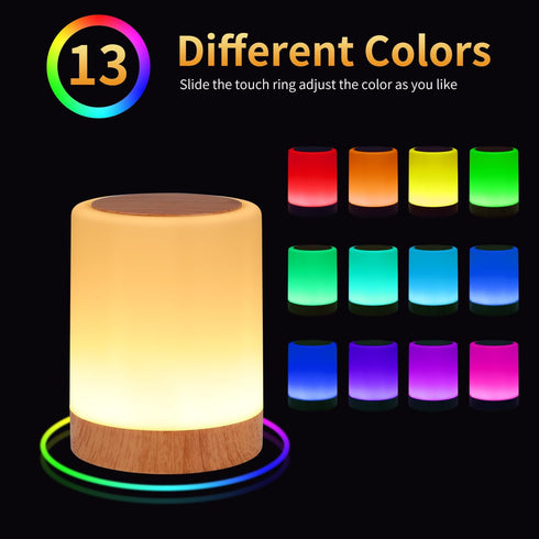 Touch Bedside Table Lamp, 13 RGB Colors & 5 Brightness Levels, USB Rechargeable Night Light with Remote Control for