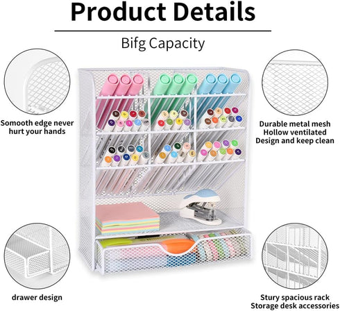Spacrea Desk Organizer Pen Holder - White, 10 Compartments and 1 Drawer, Desk Organizers and Accessories