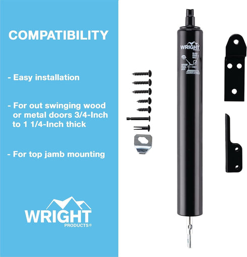 Wright Products Light Duty Pneumatic Screen Door Closer with Head Jamb Bracket, Adjustable Speed, Black