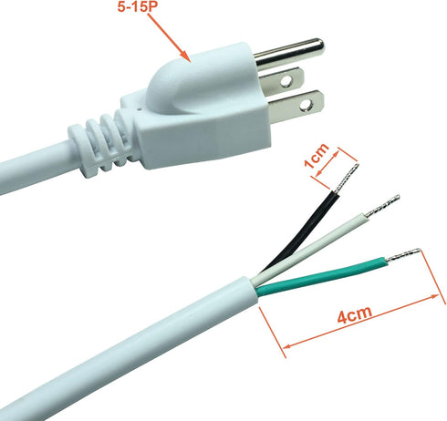 White 18AWG 3-Prong Power Cord with Open Wiring, 10Amp Max, 6ft Replacement Power Cord with Open End, Pigtail Open Cable NEMA 5-15P Male Plug