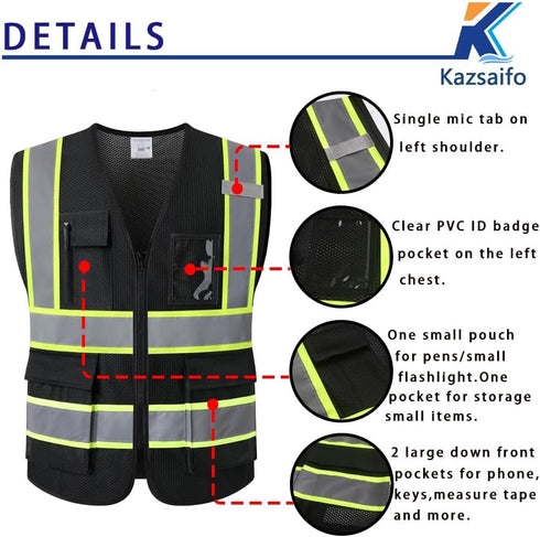 Reflective Safety Vest | High Visibility Mesh Vest with 5 Pockets & Zipper Front - Meets ANSI/ISEA Standards