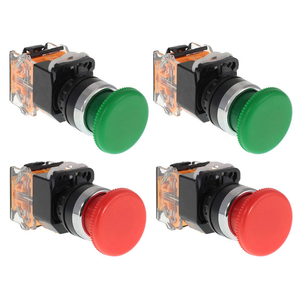 Emergency Push Button Switch - Green & Red Mushroom Head, 22mm, Spring Return (4 pack)