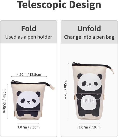 Sooez Cute Panda Standing Pencil Case, Durable Pop Up Telescopic Holder, Spacious Portable Pouch for School Office
