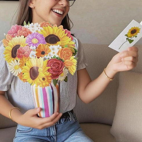 ALBUMAX 3D Pop Up Flower Bouquet Greeting Card with Colorful Vase, Cute Booming Sunflowers Roses Bouquet Birthday Gift