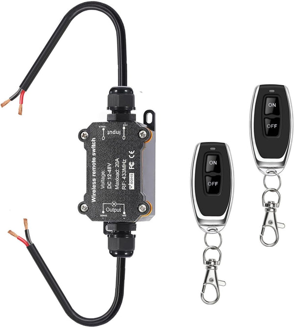 Meskliu Remote Control Switch, DC12/24/48V Waterproof Wireless 433Mhz Transmitter Receiver Kit, 20A RF