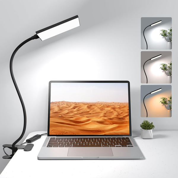 LED Desk Lamp with Clamp for Home Office, Dimmable Clip-On Light with USB Port, 3 Color Modes, Flexible Gooseneck