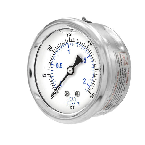 PIC Gauges PRO-202L-254C Industrial Pressure Gauge, Center Back Mount, 2.5" Dial, 0/30 psi Range, 1/4" Male NPT