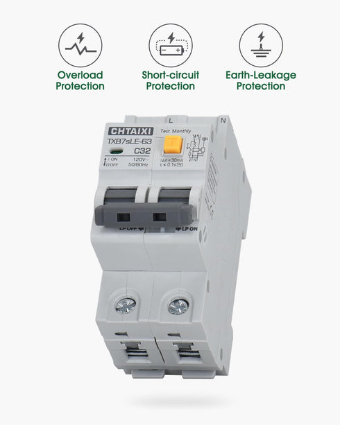 Ground Fault Circuit Breaker, 10 Amp 120V AC, DIN Rail Mount, Thermal-Magnetic Trip Protection