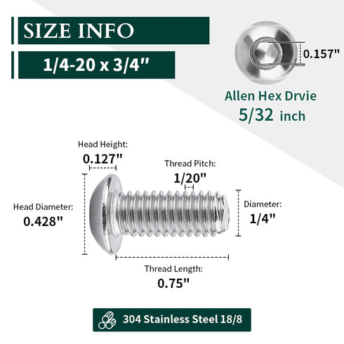 1/4-20 x 3/4" Button Head Socket Cap Bolts Screws, 304 Stainless Steel 18-8, Pack of 30, Allen Hex Drive