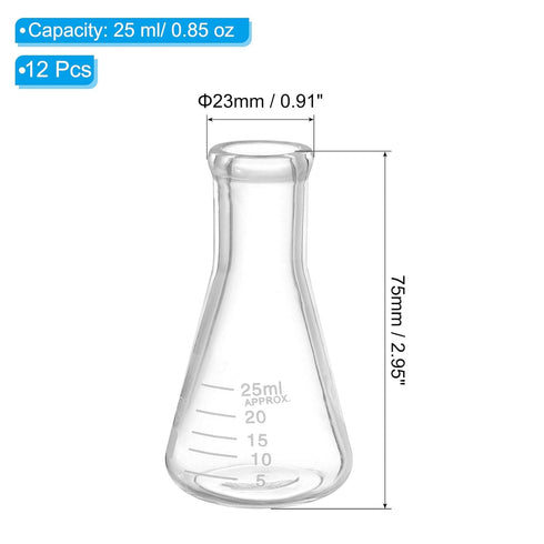 PATIKIL 12 Pcs Erlenmeyer Flask, 25ml Narrow Mouth Graduated Borosilicate Glass for Lab Chemistry Study