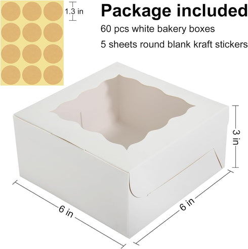 60 Pcs Bakery Boxes with Window, 6 x 6 x 3 Inches, White Cookie Boxes Pastry Boxes for Baked Goods (White)