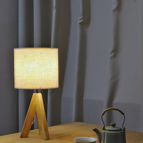 YSJUENAII Modern Small Tripod Table Lamp with Wooden Base, White Fabric Shade, Bedside Desk Light (White)