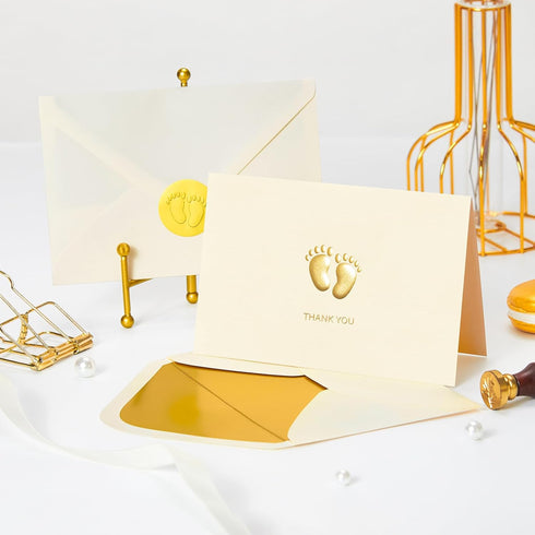 50-Pack 4x6 Inch 300gsm Crisky Embossed Footprint Baby Shower Thank You Cards - Heavy Cardstock with Gold Foil