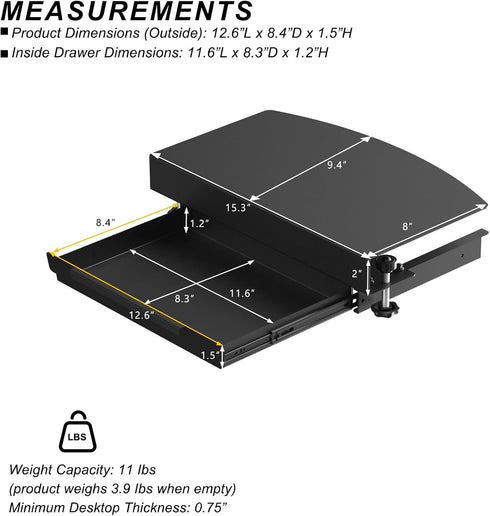 Clamp on Desk Corner Sleeve with Drawer, L Desk Connector Platform with Under Desk Drawer for Extender Desk Space