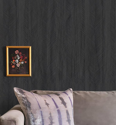 15.7"X118" Black Wood Wallpaper, Peel and Stick Fishbone Textured Contact Paper for Cabinet Decoration