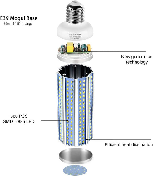 FanNicoo E39 Base LED Corn Light Bulb, 800W Equivalent 80W 6500K 8000 Lumen for Large Area Outdoor Indoor Use