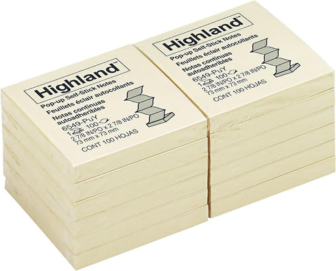 Highland Self-Stick Pop-Up Notes, 3 x 3, Yellow, 100-Sheet, 12/Pack