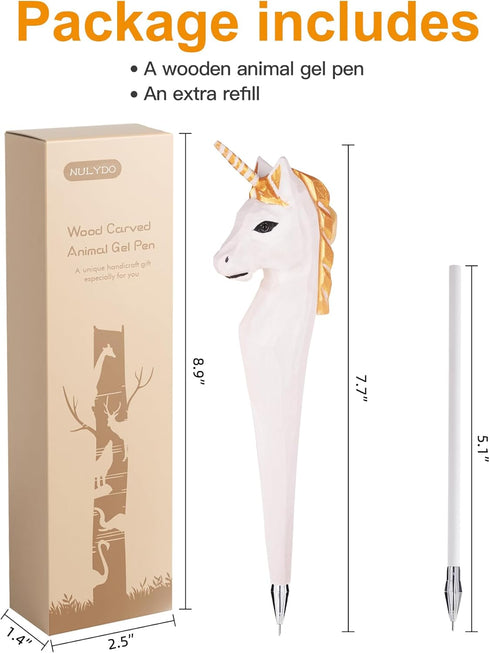 Unicorn Pen, 100% Handmade Wood Carved Animal Gel Pen, Cute Gift Ideas for Kids, Girls, Boys, Writing Supplies